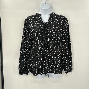 Lane Bryant Blouse Womens 20 Black Floral Long‎ Sleeve Peplum Top Lace Up Boho